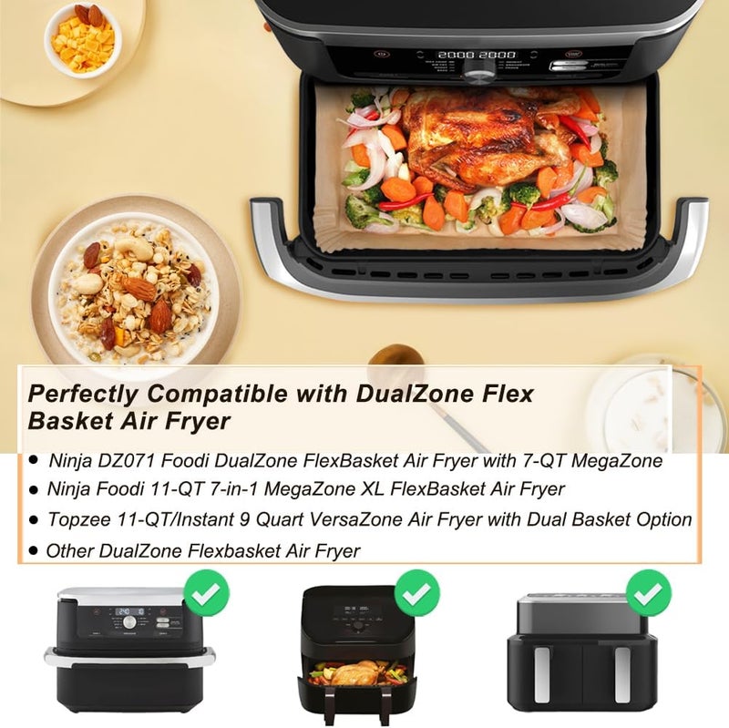 BYKITCHEN Air Fryer Liners for Ninja Foodi DZ071 7-QT/ 11-QT/Instant 9 Qt DualZone FlexBasket Airfryer, 100pcs Small Air Fryer Dual Liners & 50pcs Large Papers for 7-qt/11-qt Megazone - Image 2